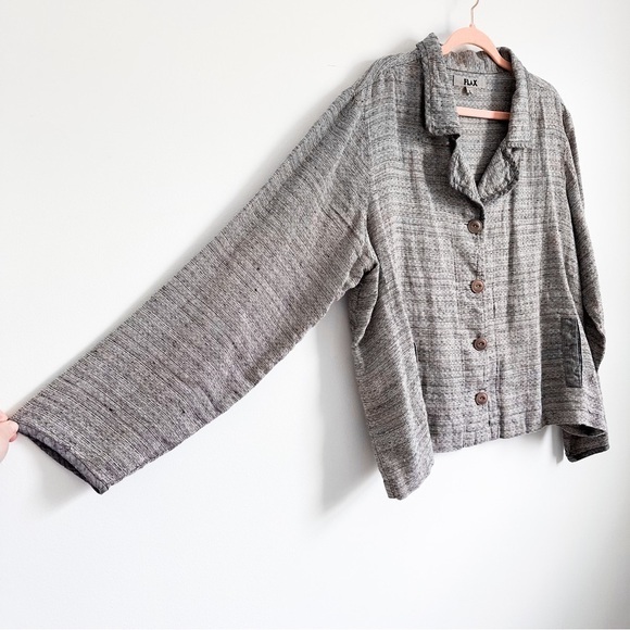 FLAX Gray Linen Button Front Collared Lagenlook Top sz Large - Picture 2 of 6